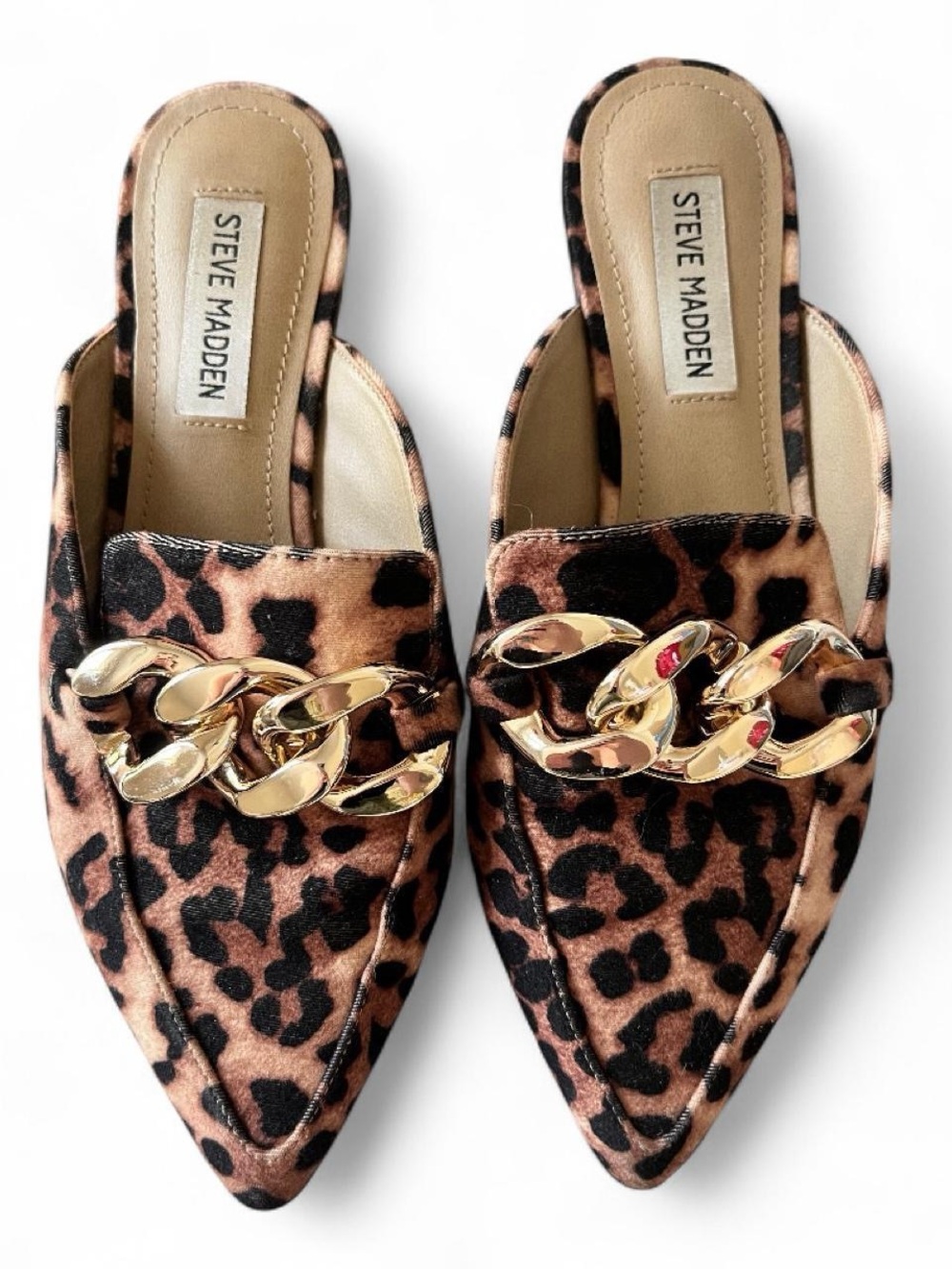 Steve Madden Leopard-Print Pointed Slip-On Mules with Gold Chain Accent